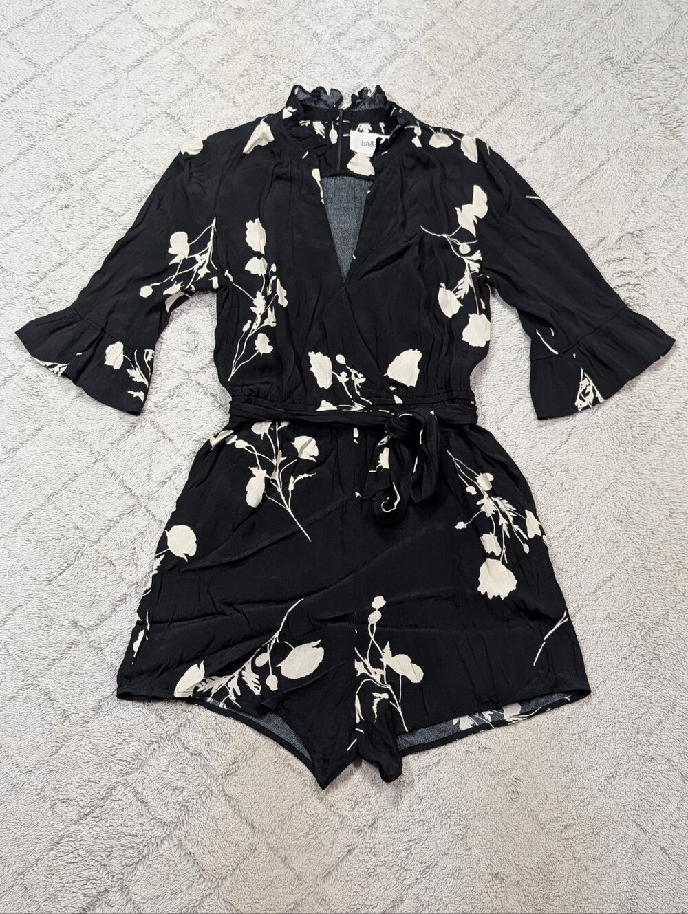 Ba&sh Jumpsuit Womens M Black Noir Floral Penny Romper Tie Belt Classy Chic